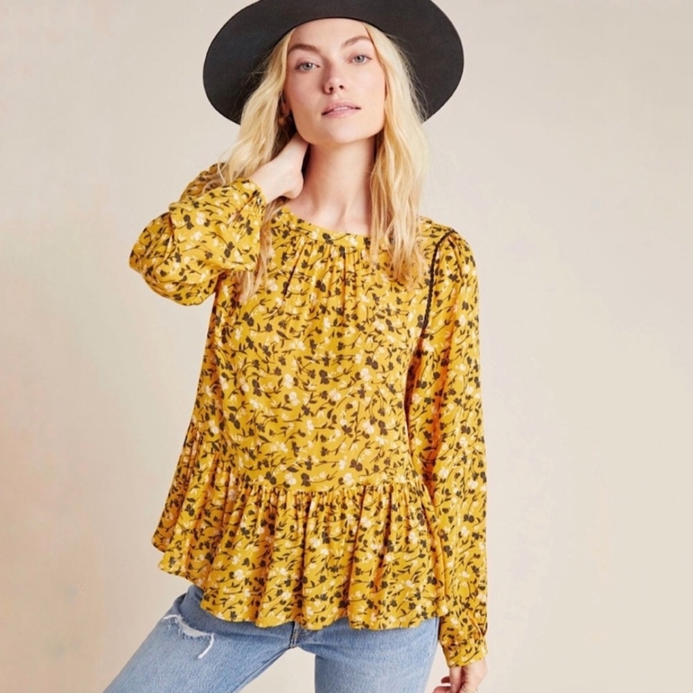 Anthropologie Mustard Floral Blouse